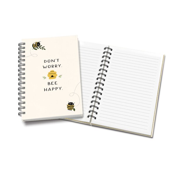 front of notebook and opened notebook showing that it lies flat and is lined paper